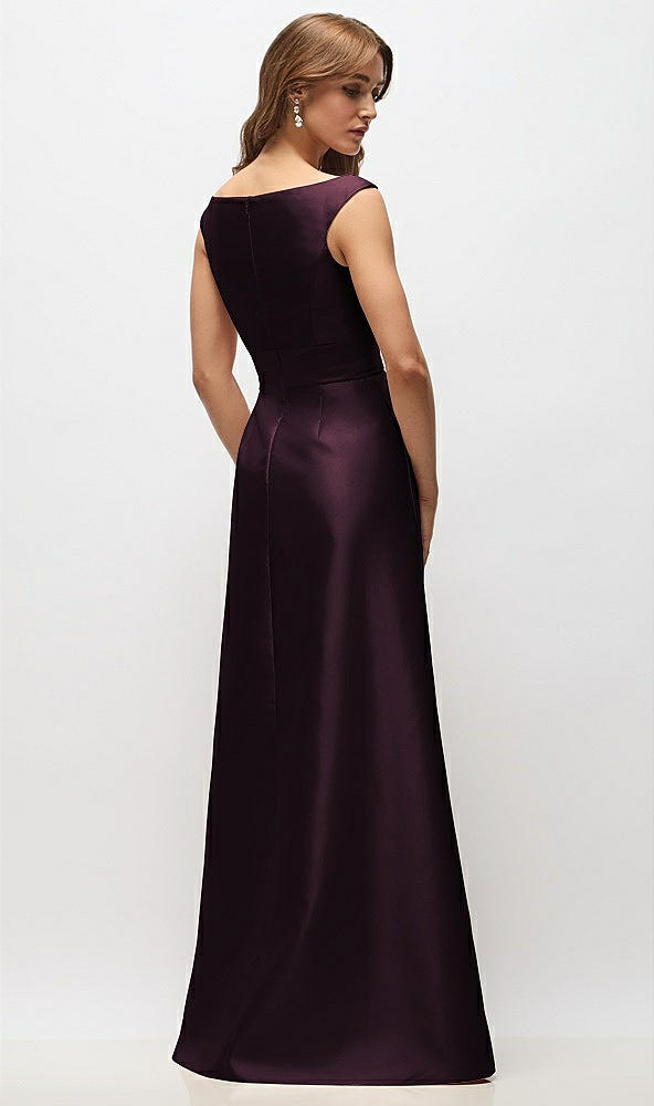Back View - Deep Plum Off-the-Shoulder Draped Wrap Satin Maxi Dress