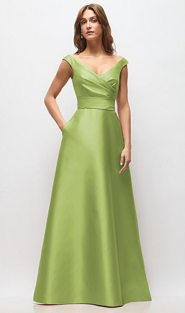 Front View - Mojito Off-the-Shoulder Draped Wrap Satin Maxi Dress