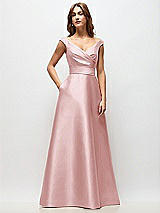Front View Thumbnail - Ballet Pink Off-the-Shoulder Draped Wrap Satin Maxi Dress