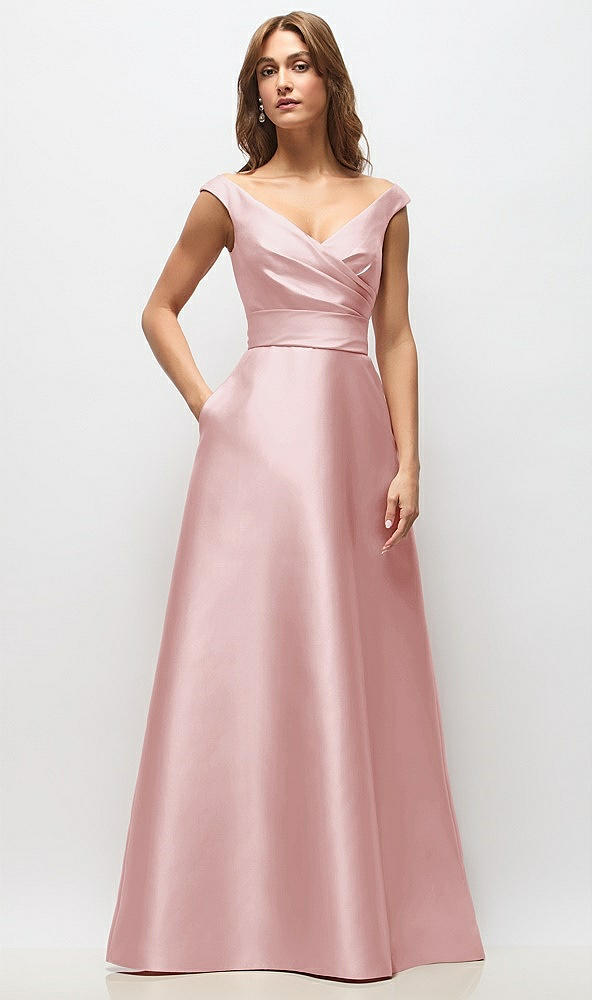 Front View - Ballet Pink Off-the-Shoulder Draped Wrap Satin Maxi Dress