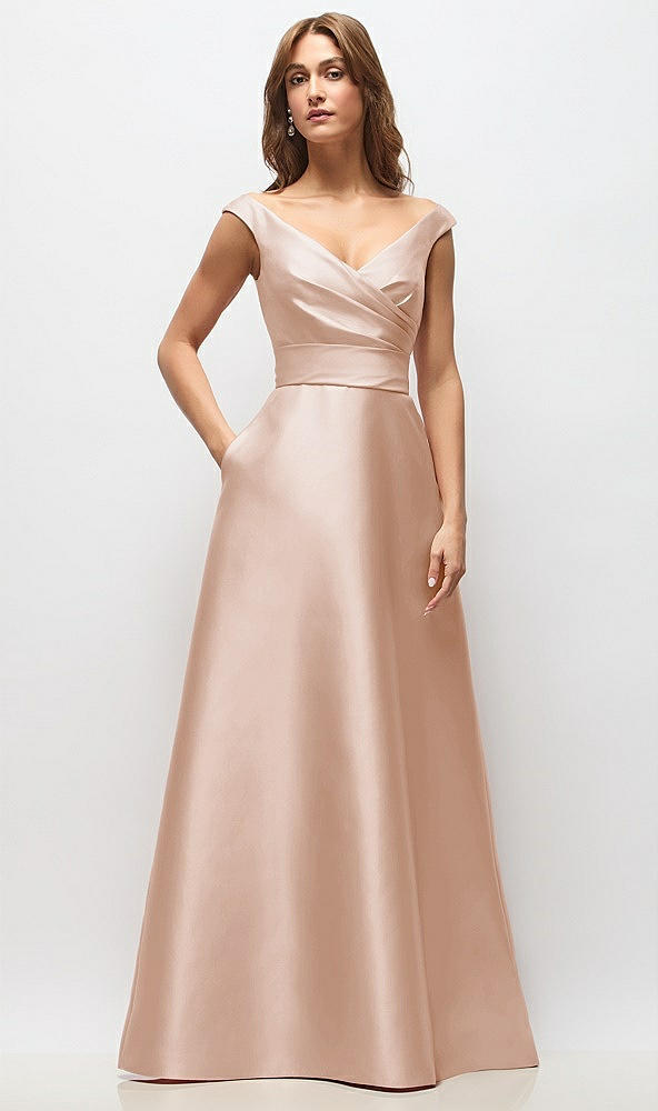 Front View - Cameo Off-the-Shoulder Draped Wrap Satin Maxi Dress