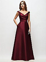 Front View Thumbnail - Cabernet Off-the-Shoulder Draped Wrap Satin Maxi Dress