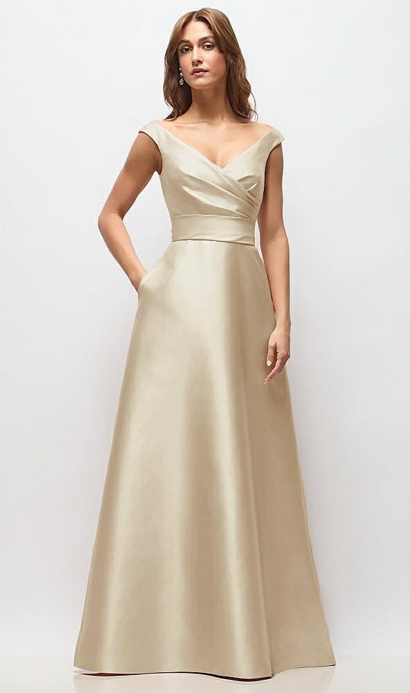 Front View - Champagne Off-the-Shoulder Draped Wrap Satin Maxi Dress