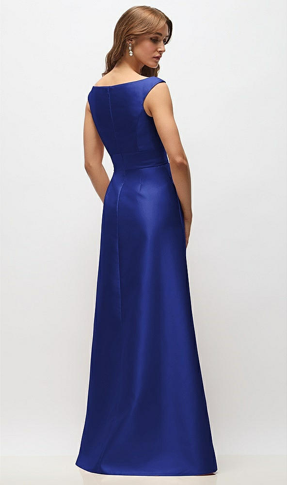 Back View - Cobalt Blue Off-the-Shoulder Draped Wrap Satin Maxi Dress