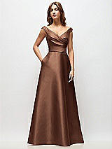 Front View Thumbnail - Cognac Off-the-Shoulder Draped Wrap Satin Maxi Dress