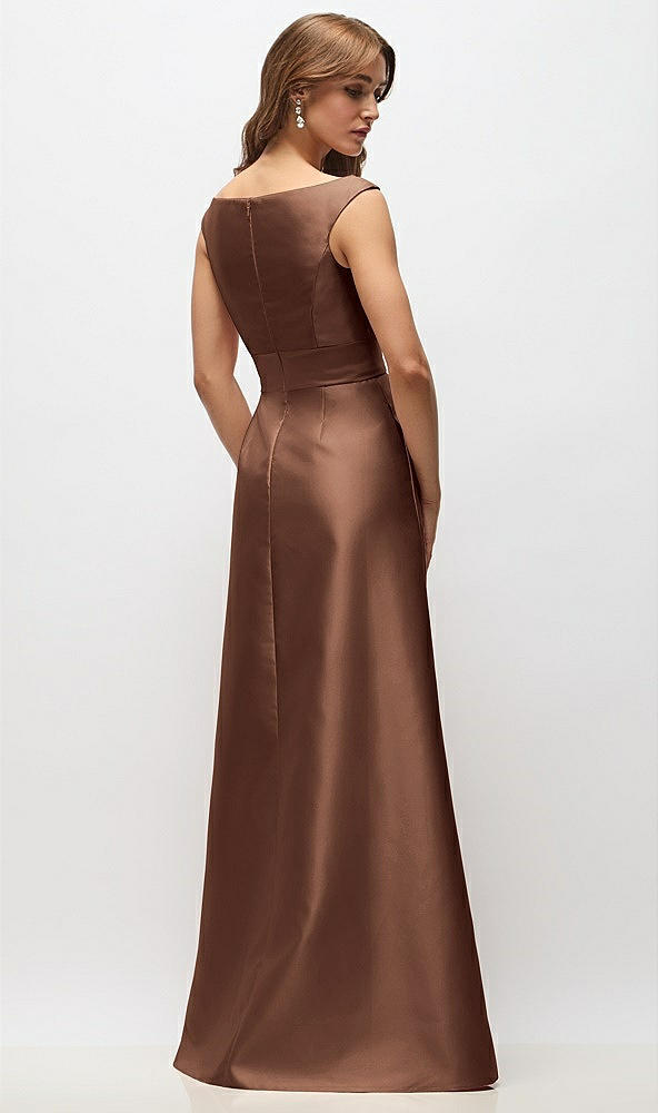 Back View - Cognac Off-the-Shoulder Draped Wrap Satin Maxi Dress