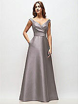 Front View Thumbnail - Cashmere Gray Off-the-Shoulder Draped Wrap Satin Maxi Dress