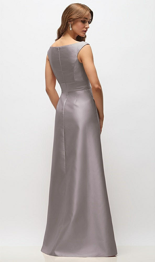 Back View - Cashmere Gray Off-the-Shoulder Draped Wrap Satin Maxi Dress