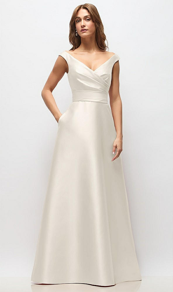 Front View - Ivory Off-the-Shoulder Draped Wrap Satin Maxi Dress