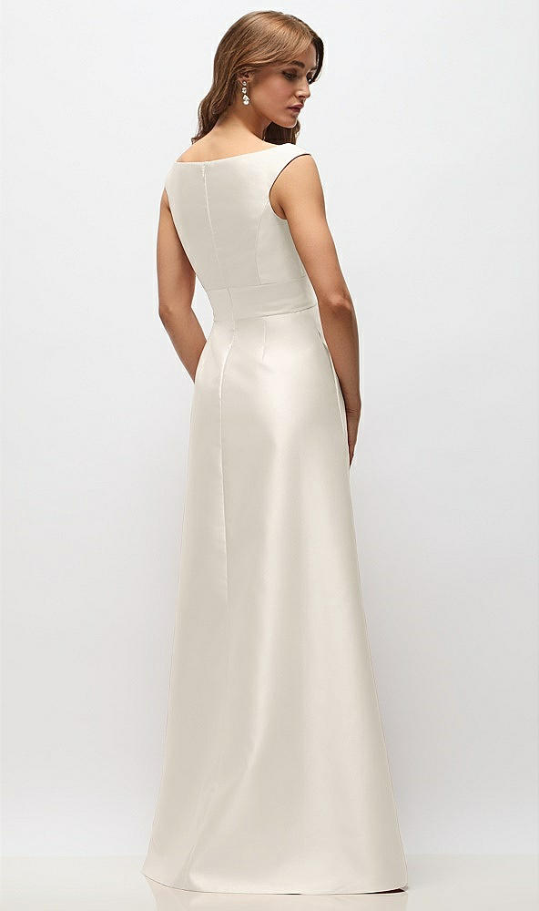 Back View - Ivory Off-the-Shoulder Draped Wrap Satin Maxi Dress