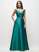 Front View Thumbnail - Jade Off-the-Shoulder Draped Wrap Satin Maxi Dress