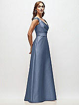 Side View Thumbnail - Larkspur Blue Off-the-Shoulder Draped Wrap Satin Maxi Dress