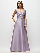 Front View Thumbnail - Lilac Haze Off-the-Shoulder Draped Wrap Satin Maxi Dress