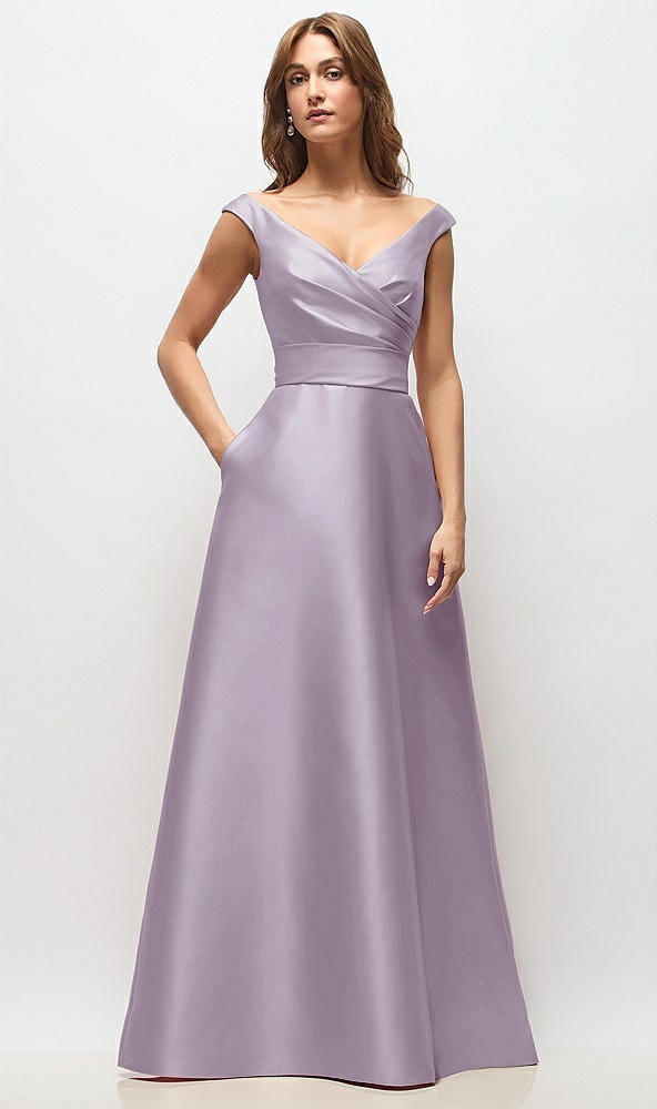Front View - Lilac Haze Off-the-Shoulder Draped Wrap Satin Maxi Dress