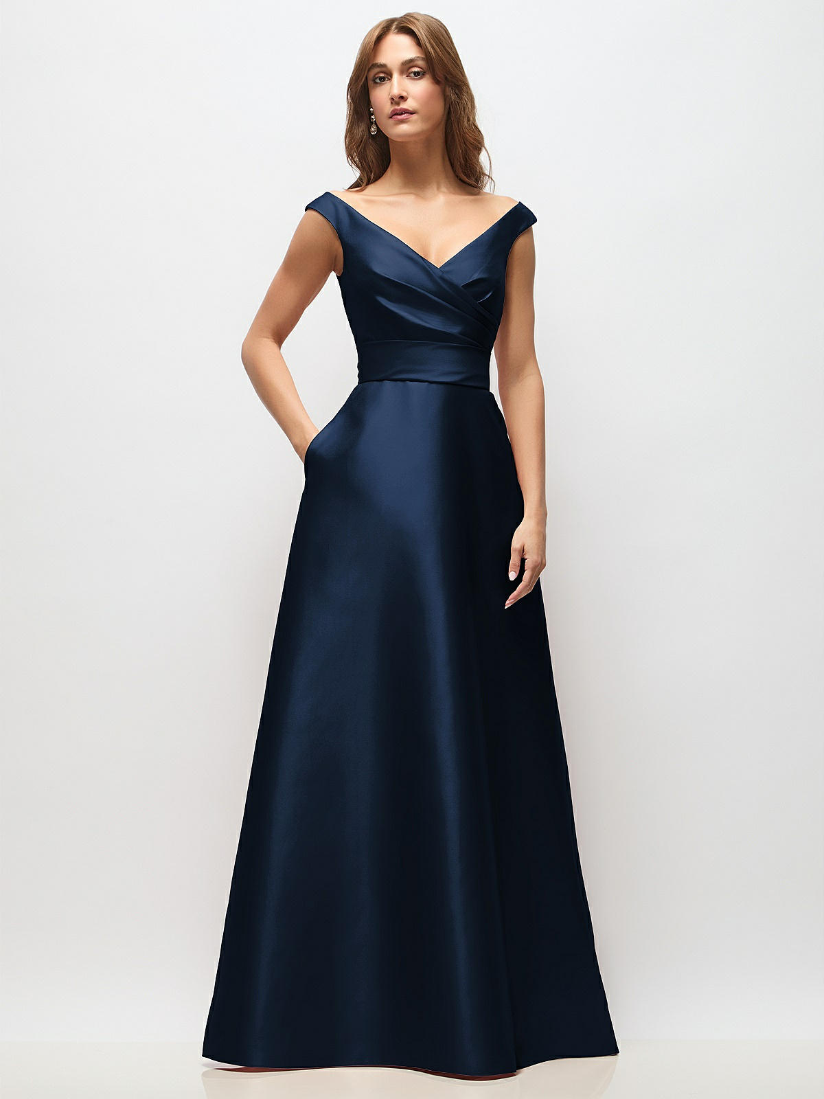 Off-the-shoulder Draped Wrap Satin Maxi Bridesmaid Dress In