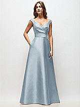 Front View Thumbnail - Mist Off-the-Shoulder Draped Wrap Satin Maxi Dress