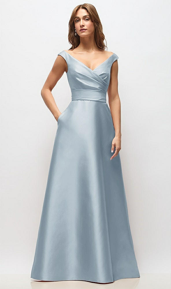 Front View - Mist Off-the-Shoulder Draped Wrap Satin Maxi Dress