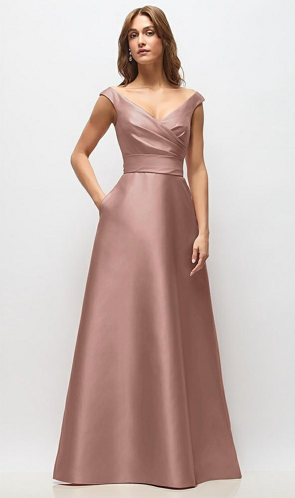Front View - Neu Nude Off-the-Shoulder Draped Wrap Satin Maxi Dress