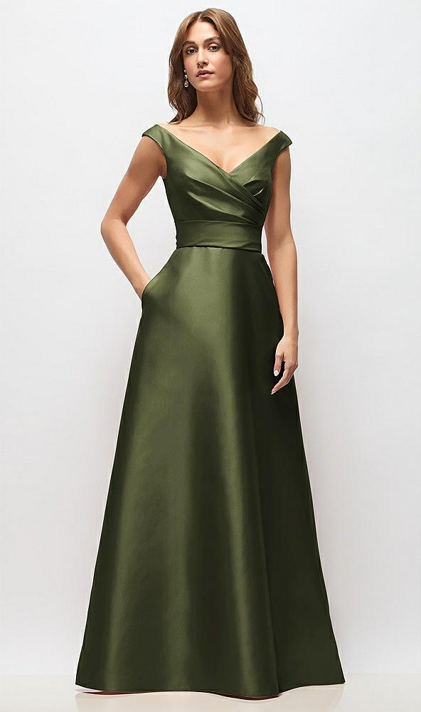 Front View - Olive Green Off-the-Shoulder Draped Wrap Satin Maxi Dress