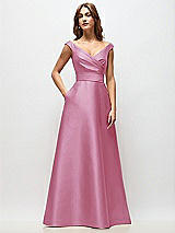 Front View Thumbnail - Powder Pink Off-the-Shoulder Draped Wrap Satin Maxi Dress