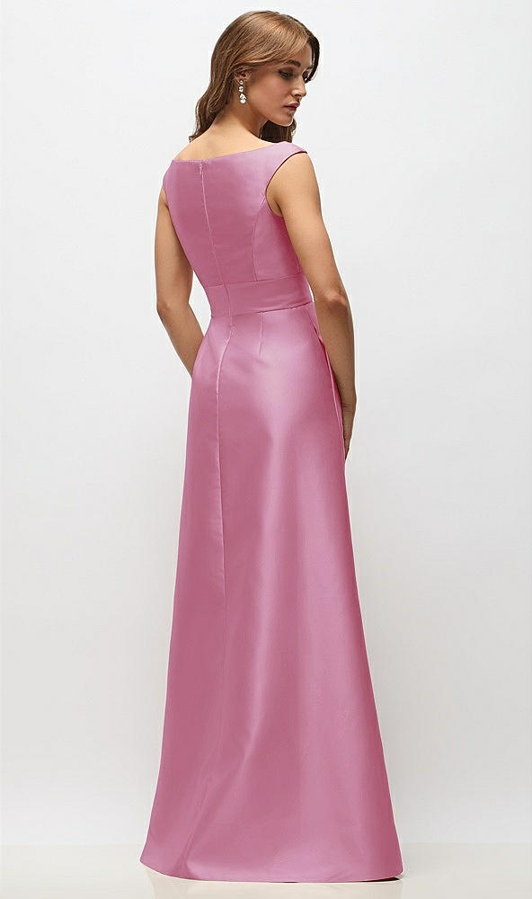 Back View - Powder Pink Off-the-Shoulder Draped Wrap Satin Maxi Dress