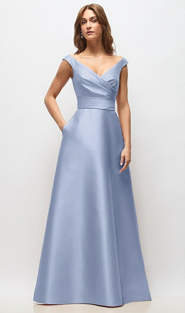 Front View - Sky Blue Off-the-Shoulder Draped Wrap Satin Maxi Dress