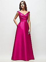 Front View Thumbnail - Think Pink Off-the-Shoulder Draped Wrap Satin Maxi Dress