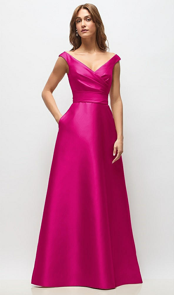 Front View - Think Pink Off-the-Shoulder Draped Wrap Satin Maxi Dress