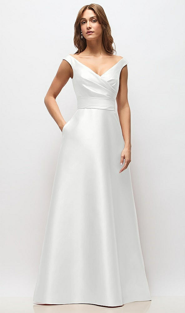 Front View - White Off-the-Shoulder Draped Wrap Satin Maxi Dress