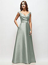 Front View Thumbnail - Willow Green Off-the-Shoulder Draped Wrap Satin Maxi Dress