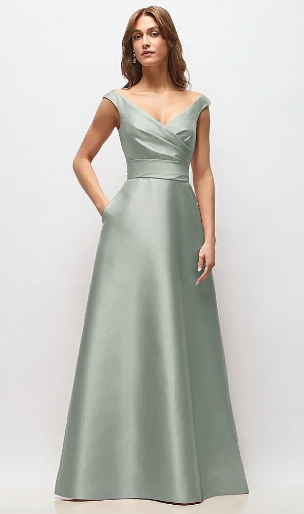 Front View - Willow Green Off-the-Shoulder Draped Wrap Satin Maxi Dress