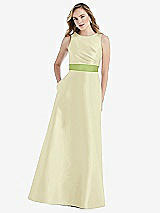 Front View Thumbnail - Butter Yellow & Mojito High-Neck Asymmetrical Shirred Satin Maxi Dress with Pockets
