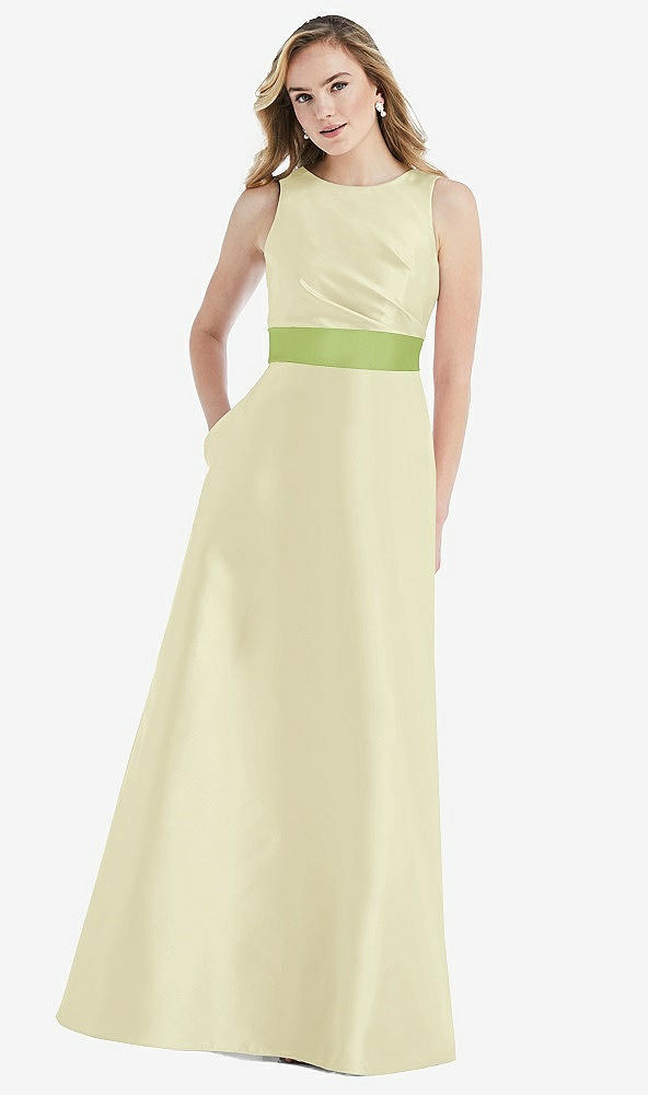 Front View - Butter Yellow & Mojito High-Neck Asymmetrical Shirred Satin Maxi Dress with Pockets