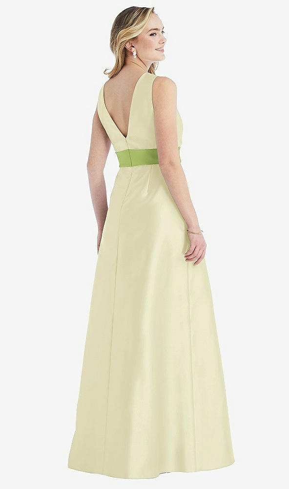 Back View - Butter Yellow & Mojito High-Neck Asymmetrical Shirred Satin Maxi Dress with Pockets