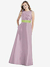 Front View Thumbnail - Suede Rose & Mojito High-Neck Asymmetrical Shirred Satin Maxi Dress with Pockets