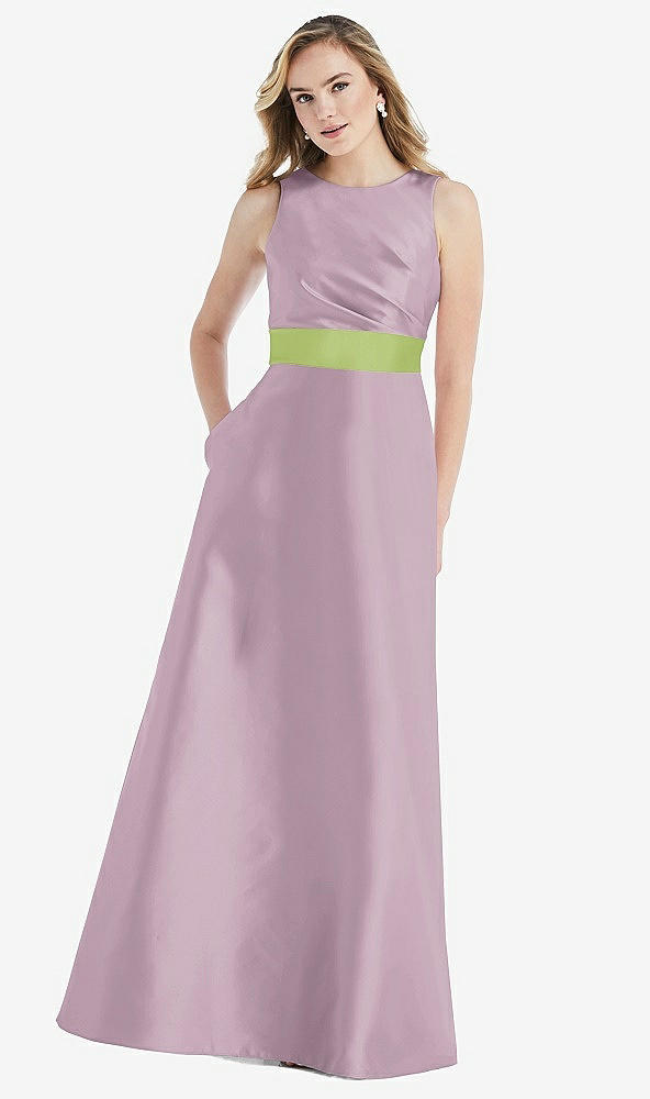 Front View - Suede Rose & Mojito High-Neck Asymmetrical Shirred Satin Maxi Dress with Pockets