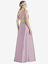 Rear View Thumbnail - Suede Rose & Mojito High-Neck Asymmetrical Shirred Satin Maxi Dress with Pockets