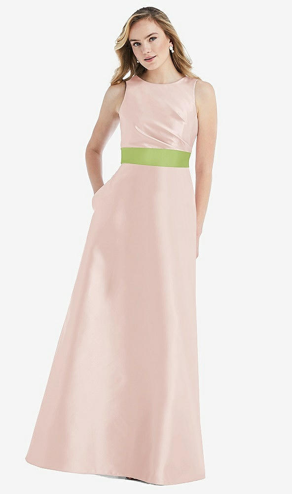 Front View - Blush & Mojito High-Neck Asymmetrical Shirred Satin Maxi Dress with Pockets