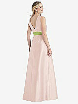 Rear View Thumbnail - Blush & Mojito High-Neck Asymmetrical Shirred Satin Maxi Dress with Pockets