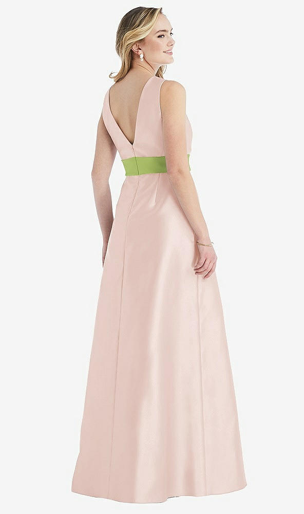 Back View - Blush & Mojito High-Neck Asymmetrical Shirred Satin Maxi Dress with Pockets