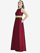 Side View Thumbnail - Burgundy & Mojito High-Neck Asymmetrical Shirred Satin Maxi Dress with Pockets