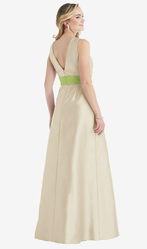 Back View - Champagne & Mojito High-Neck Asymmetrical Shirred Satin Maxi Dress with Pockets