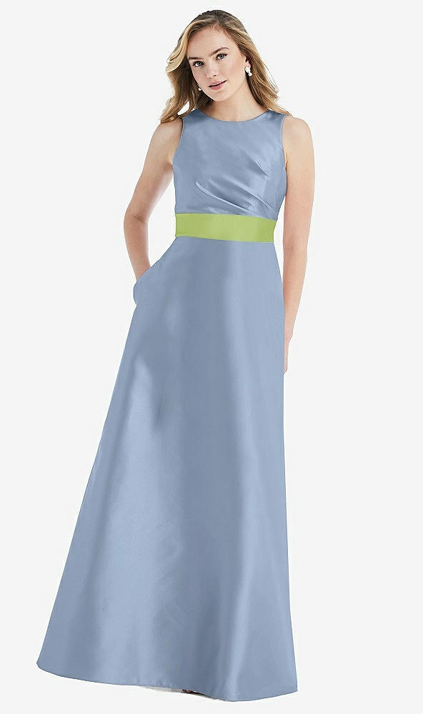 Front View - Cloudy & Mojito High-Neck Asymmetrical Shirred Satin Maxi Dress with Pockets