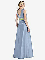 Rear View Thumbnail - Cloudy & Mojito High-Neck Asymmetrical Shirred Satin Maxi Dress with Pockets