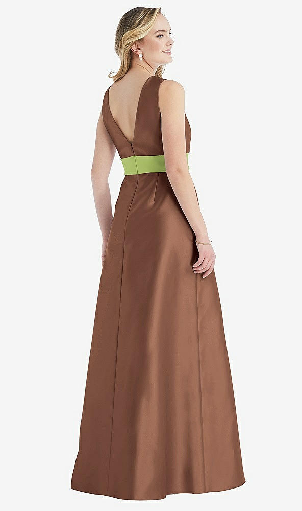 Back View - Cognac & Mojito High-Neck Asymmetrical Shirred Satin Maxi Dress with Pockets