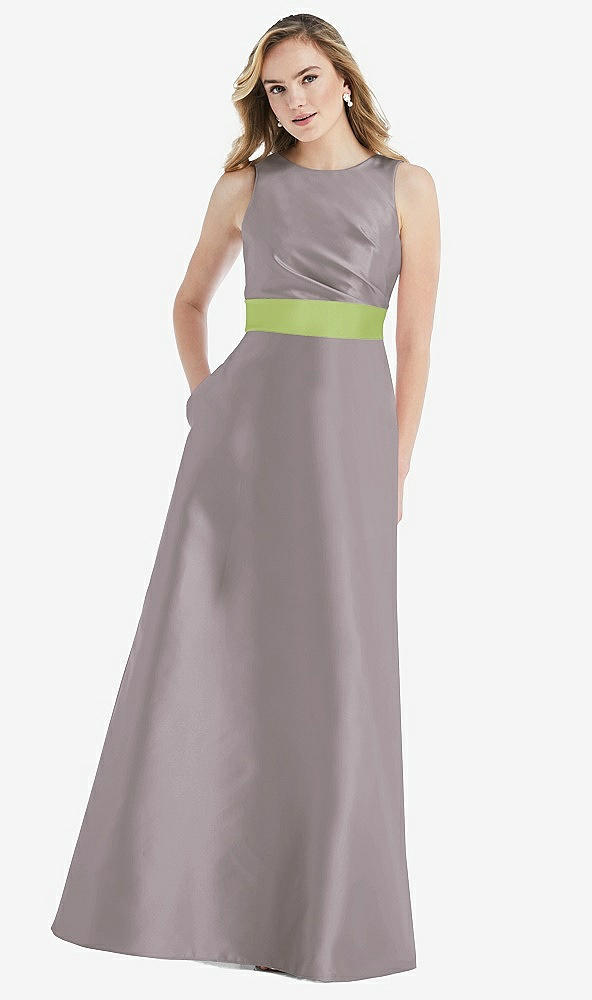 Front View - Cashmere Gray & Mojito High-Neck Asymmetrical Shirred Satin Maxi Dress with Pockets