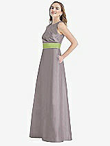 Side View Thumbnail - Cashmere Gray & Mojito High-Neck Asymmetrical Shirred Satin Maxi Dress with Pockets