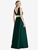 Rear View Thumbnail - Evergreen & Mojito High-Neck Asymmetrical Shirred Satin Maxi Dress with Pockets