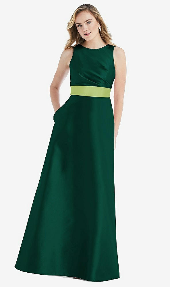 Front View - Hunter Green & Mojito High-Neck Asymmetrical Shirred Satin Maxi Dress with Pockets