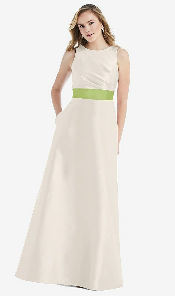 Front View - Ivory & Mojito High-Neck Asymmetrical Shirred Satin Maxi Dress with Pockets